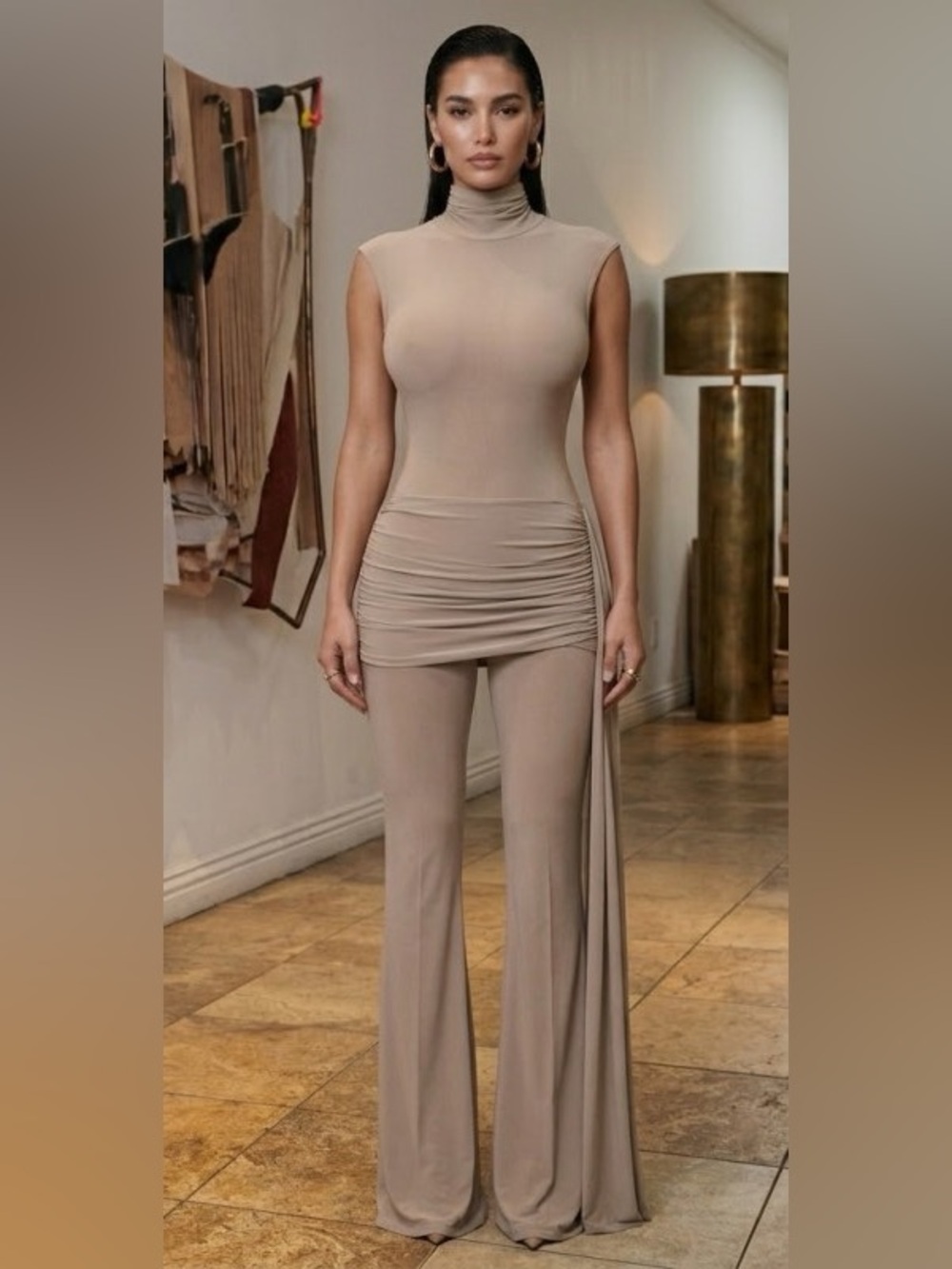 TAUPE High-Neck Jumpsuit with Side Drape